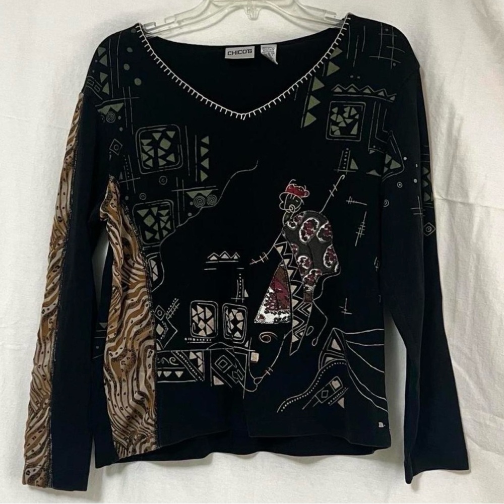 Chico's Black Long-Sleeve Graphic V-Neck Top